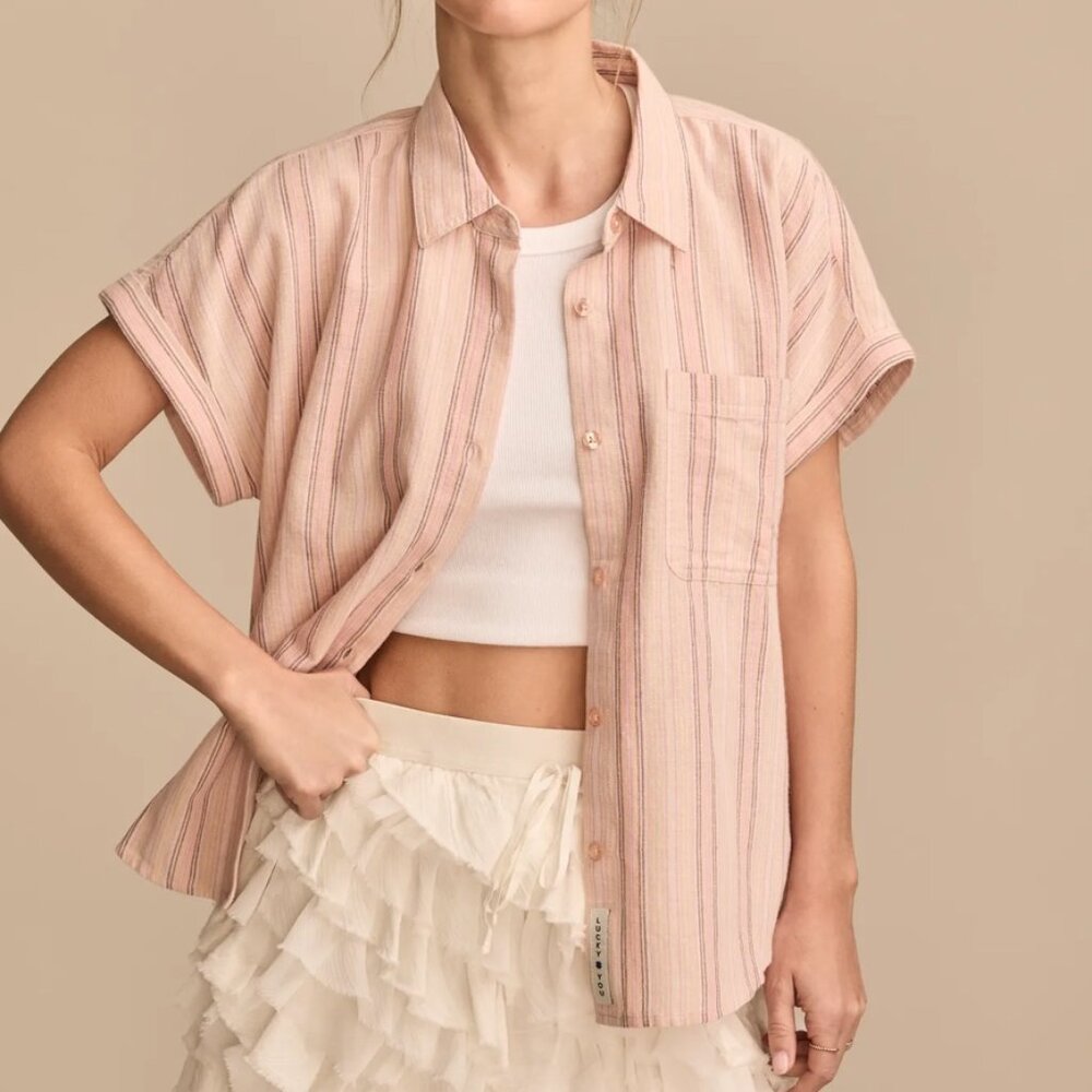 Lucky Brand Pink Striped Roll Sleeve Button Down Size S